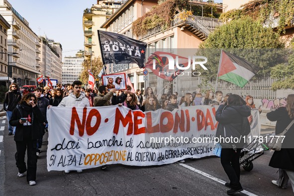 Demonstrators participate in the No Meloni Day student protest in Milan, Italy, on November 15, 2024 