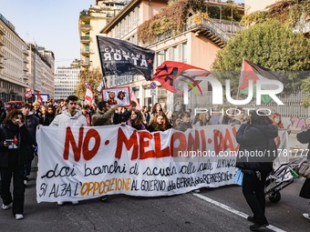 Demonstrators participate in the No Meloni Day student protest in Milan, Italy, on November 15, 2024 (