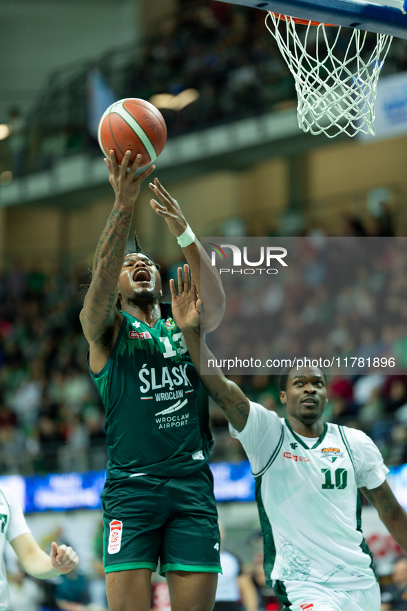 Kenan Blackshear participates in a match of the Orlen Basket Liga between Zastal Zielona Gora and WKS Slask Wroclaw in Wroclaw, Poland, on N...