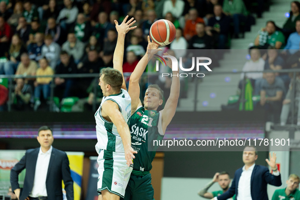 Adam Waczynski participates in a match of the Orlen Basket Liga between Zastal Zielona Gora and WKS Slask Wroclaw in Wroclaw, Poland, on Nov...