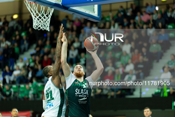 Adrian Bogucki participates in a match of the Orlen Basket Liga between Zastal Zielona Gora and WKS Slask Wroclaw in Wroclaw, Poland, on Nov...