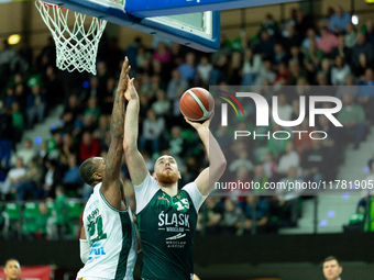 Adrian Bogucki participates in a match of the Orlen Basket Liga between Zastal Zielona Gora and WKS Slask Wroclaw in Wroclaw, Poland, on Nov...