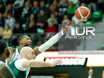 Kamari Murphy and Adrian Bogucki play during a match of the Orlen Basket Liga between Zastal Zielona Gora and WKS Slask Wroclaw in Wroclaw,...