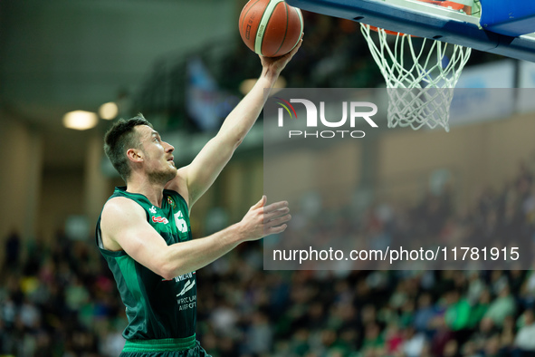 Daniel Golebiowski participates in a match of the Orlen Basket Liga between Zastal Zielona Gora and WKS Slask Wroclaw in Wroclaw, Poland, on...