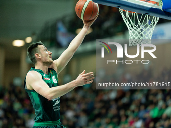 Daniel Golebiowski participates in a match of the Orlen Basket Liga between Zastal Zielona Gora and WKS Slask Wroclaw in Wroclaw, Poland, on...