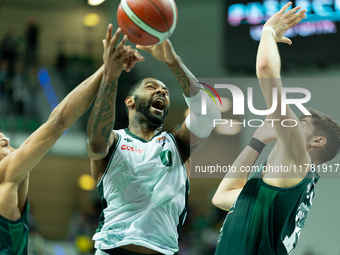 Sindarius Thornwell participates in a match of the Orlen Basket Liga between Zastal Zielona Gora and WKS Slask Wroclaw in Wroclaw, Poland, o...