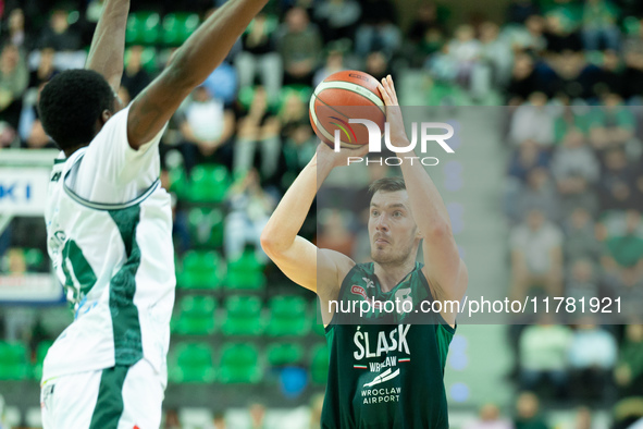 Daniel Golebiowski participates in a match of the Orlen Basket Liga between Zastal Zielona Gora and WKS Slask Wroclaw in Wroclaw, Poland, on...