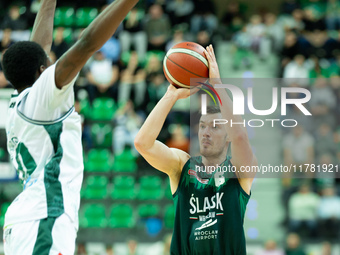 Daniel Golebiowski participates in a match of the Orlen Basket Liga between Zastal Zielona Gora and WKS Slask Wroclaw in Wroclaw, Poland, on...