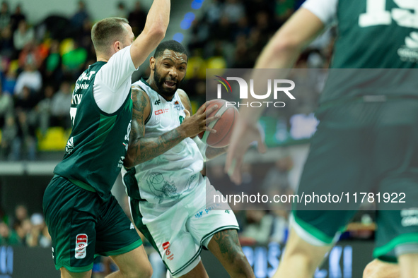 Sindarius Thornwell participates in a match of the Orlen Basket Liga between Zastal Zielona Gora and WKS Slask Wroclaw in Wroclaw, Poland, o...