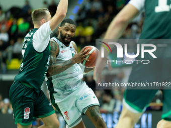 Sindarius Thornwell participates in a match of the Orlen Basket Liga between Zastal Zielona Gora and WKS Slask Wroclaw in Wroclaw, Poland, o...