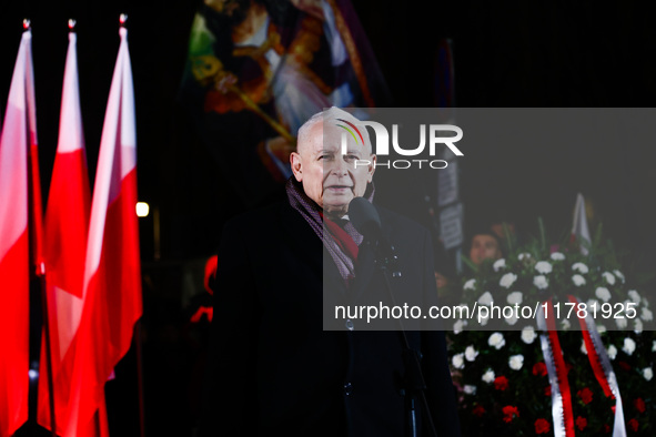 Jaroslaw Kaczynski, Law and Justice oppostition party leader, speaks during a gathering a day ahead of the Poland Independence Day in Warsaw...