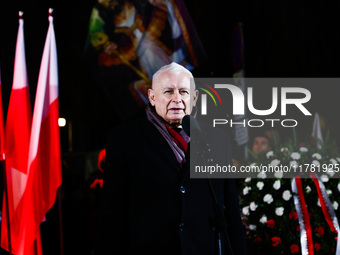 Jaroslaw Kaczynski, Law and Justice oppostition party leader, speaks during a gathering a day ahead of the Poland Independence Day in Warsaw...