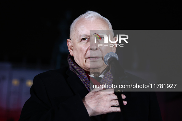 Jaroslaw Kaczynski, Law and Justice oppostition party leader, speaks during a gathering a day ahead of the Poland Independence Day in Warsaw...