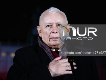 Jaroslaw Kaczynski, Law and Justice oppostition party leader, speaks during a gathering a day ahead of the Poland Independence Day in Warsaw...