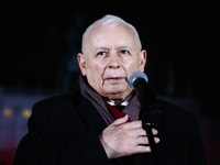 Jaroslaw Kaczynski, Law and Justice oppostition party leader, speaks during a gathering a day ahead of the Poland Independence Day in Warsaw...