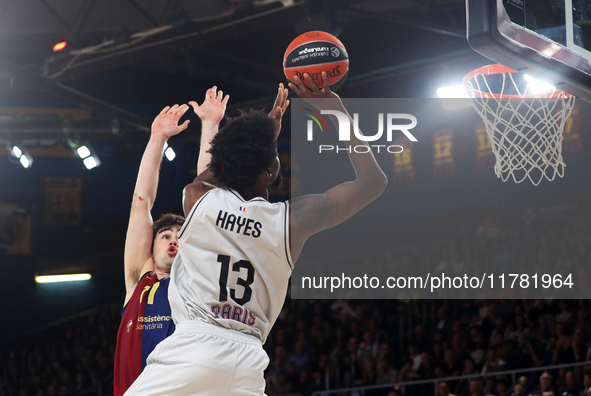 Kevarrius Hayes and Juan Nunez play during the match between FC Barcelona and Paris Basketball, corresponding to week 10 of the Turkish Airl...