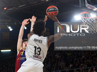 Kevarrius Hayes and Juan Nunez play during the match between FC Barcelona and Paris Basketball, corresponding to week 10 of the Turkish Airl...