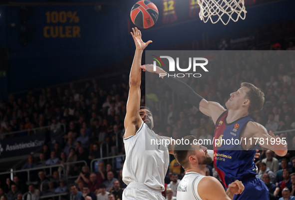 Collin Malcolm and Jan Vesely play during the match between FC Barcelona and Paris Basketball, corresponding to week 10 of the Turkish Airli...