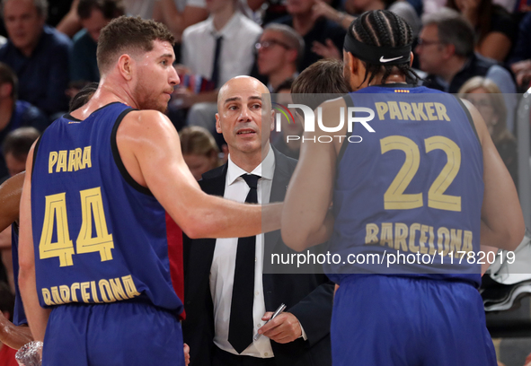 Joel Parra, Jabari Parker, and Joan Penarroya are present during the match between FC Barcelona and Paris Basketball, corresponding to week...