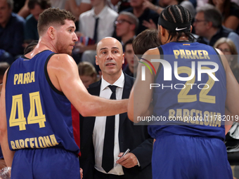 Joel Parra, Jabari Parker, and Joan Penarroya are present during the match between FC Barcelona and Paris Basketball, corresponding to week...