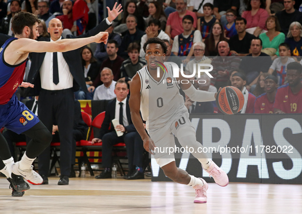 T. J. Shorts plays during the match between FC Barcelona and Paris Basketball, corresponding to week 10 of the Turkish Airlines Euroleague,...