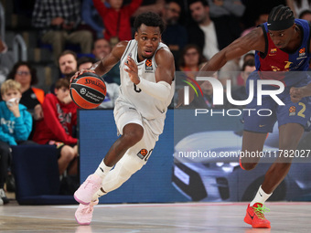 T. J. Shorts and Dame Sarr play during the match between FC Barcelona and Paris Basketball, corresponding to week 10 of the Turkish Airlines...