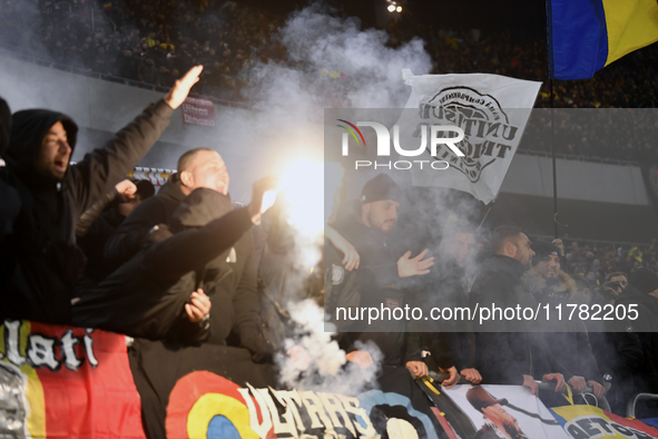 Romanian fans in action during the UEFA Nations League, League C, Group 2 football match between Romania and Kosovo at the National Arena St...