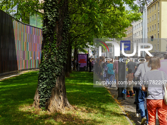 Visitors line up for the 'Party of Life' exhibition at the Brandhorst Museum in Munich, Germany, on August 18, 2024. People queue outside th...