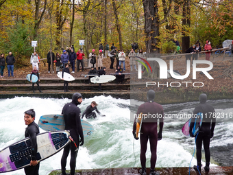 Surfers brave the icy waters of the Eisbach stream in Munich, Germany, on November 15, 2024. With temperatures at a brisk 5 degrees Celsius,...