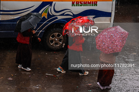 People use umbrellas as they walk amid heavy rainfall in Sopore, Jammu and Kashmir, India, on November 16, 2024. Higher reaches in Kashmir,...