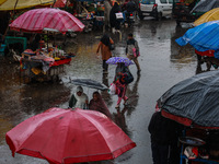 People use umbrellas as they walk amid heavy rainfall in Sopore, Jammu and Kashmir, India, on November 16, 2024. Higher reaches in Kashmir,...