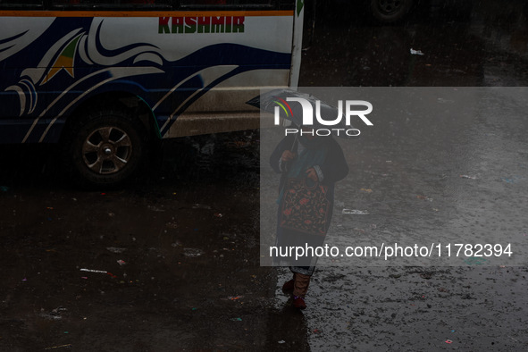 People use umbrellas as they walk amid heavy rainfall in Sopore, Jammu and Kashmir, India, on November 16, 2024. Higher reaches in Kashmir,...