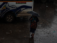 People use umbrellas as they walk amid heavy rainfall in Sopore, Jammu and Kashmir, India, on November 16, 2024. Higher reaches in Kashmir,...