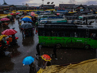 People use umbrellas as they walk amid heavy rainfall in Sopore, Jammu and Kashmir, India, on November 16, 2024. Higher reaches in Kashmir,...