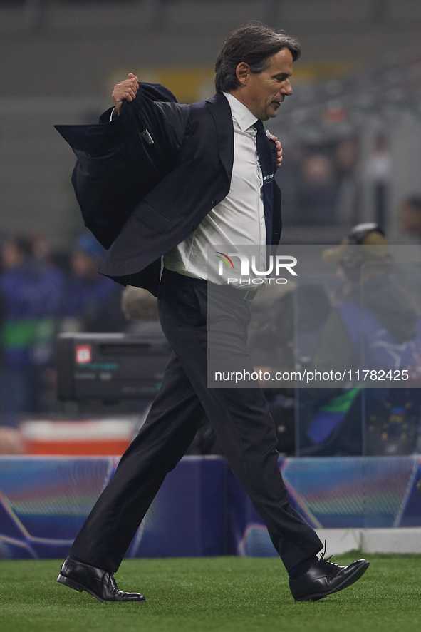 Simone Inzaghi, head coach of FC Internazionale, reacts during the UEFA Champions League 2024/25 League Phase MD4 match between FC Internazi...