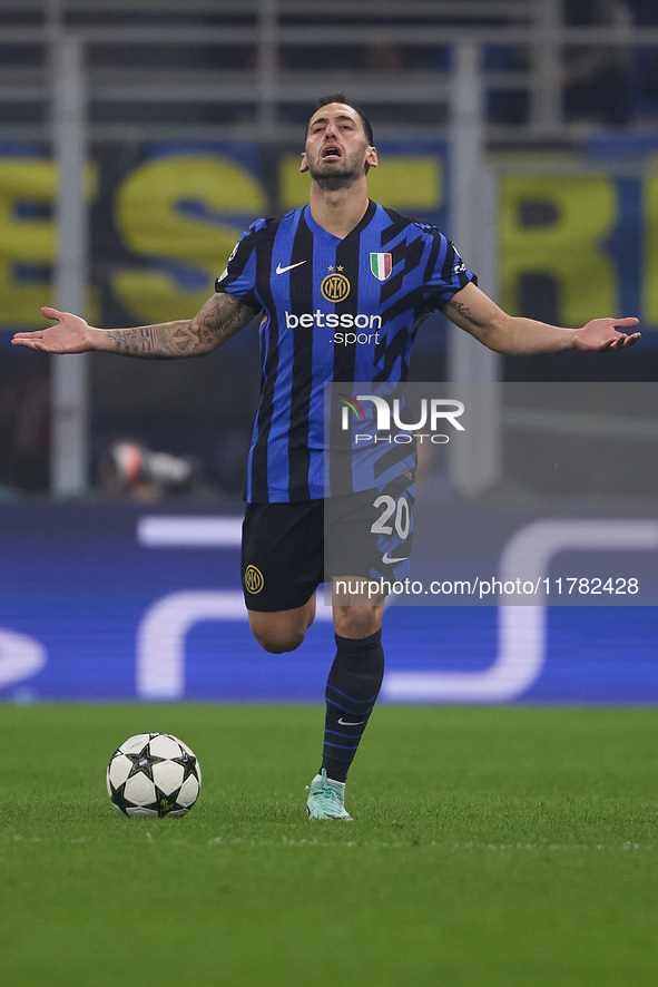 Hakan Calhanoglu of FC Internazionale reacts during the UEFA Champions League 2024/25 League Phase MD4 match between FC Internazionale Milan...