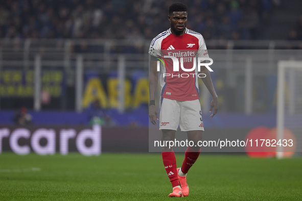 Thomas Partey of Arsenal looks on during the UEFA Champions League 2024/25 League Phase MD4 match between FC Internazionale Milano and Arsen...