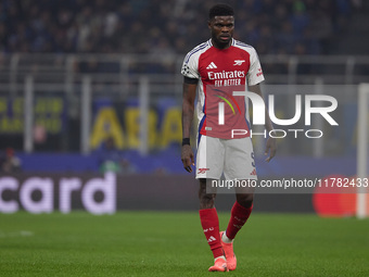 Thomas Partey of Arsenal looks on during the UEFA Champions League 2024/25 League Phase MD4 match between FC Internazionale Milano and Arsen...