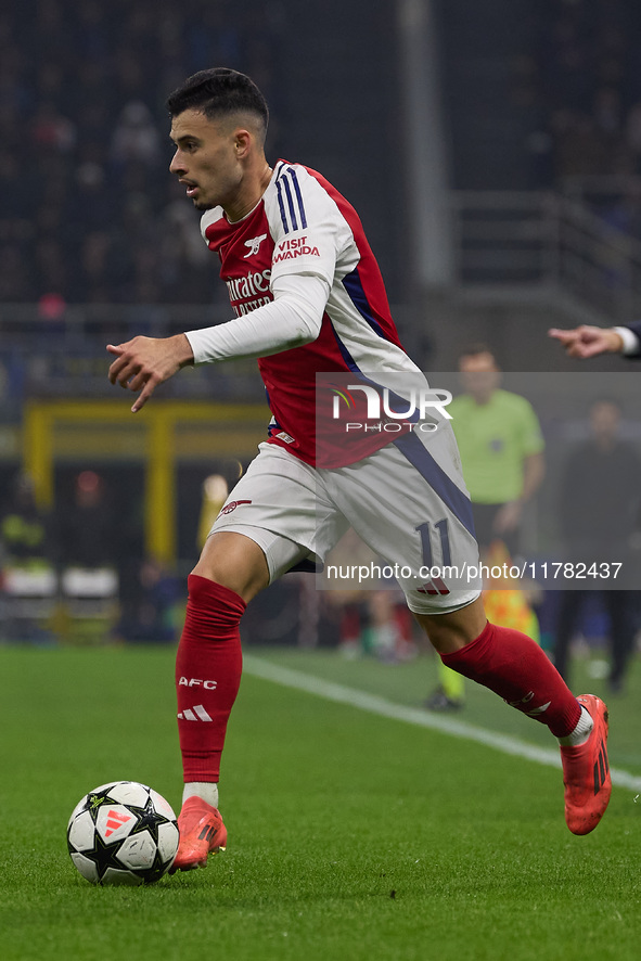 Gabriel Martinelli of Arsenal is in action during the UEFA Champions League 2024/25 League Phase MD4 match between FC Internazionale Milano...