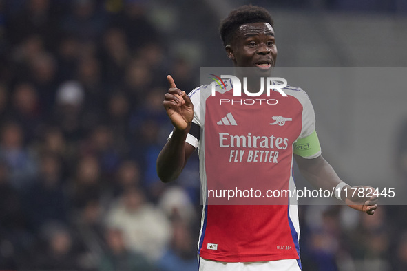 Bukayo Saka of Arsenal reacts during the UEFA Champions League 2024/25 League Phase MD4 match between FC Internazionale Milano and Arsenal F...