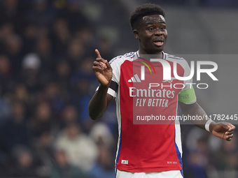 Bukayo Saka of Arsenal reacts during the UEFA Champions League 2024/25 League Phase MD4 match between FC Internazionale Milano and Arsenal F...