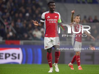 Bukayo Saka of Arsenal reacts during the UEFA Champions League 2024/25 League Phase MD4 match between FC Internazionale Milano and Arsenal F...