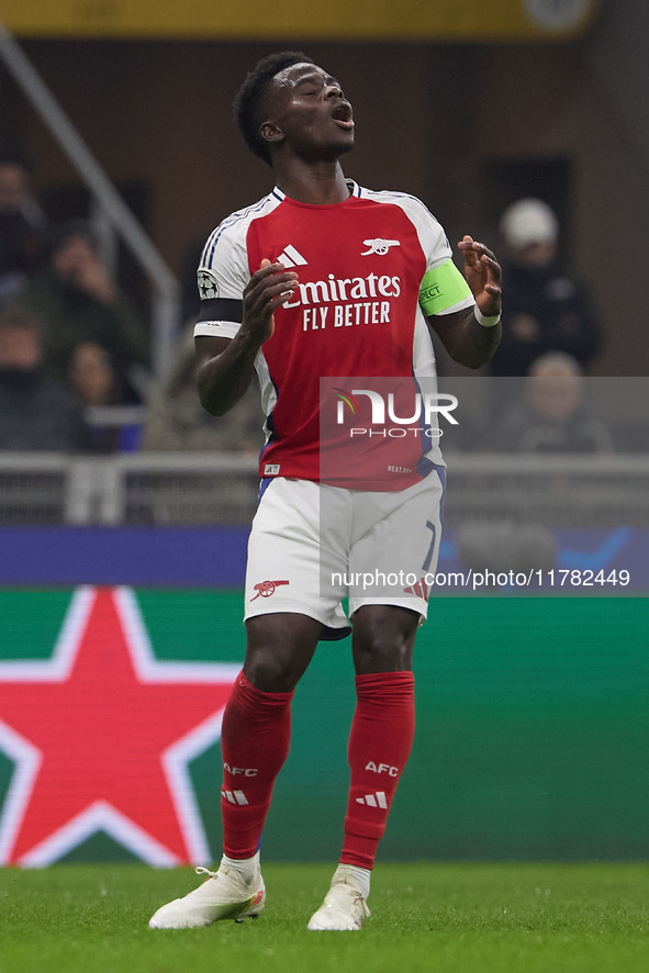 Bukayo Saka of Arsenal reacts during the UEFA Champions League 2024/25 League Phase MD4 match between FC Internazionale Milano and Arsenal F...