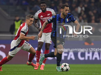 Hakan Calhanoglu of FC Internazionale is in action during the UEFA Champions League 2024/25 League Phase MD4 match between FC Internazionale...