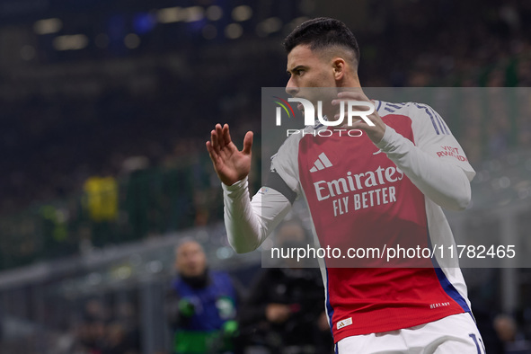 Gabriel Martinelli of Arsenal reacts during the UEFA Champions League 2024/25 League Phase MD4 match between FC Internazionale Milano and Ar...