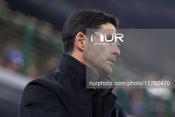 Mikel Arteta, Head Coach of Arsenal, looks on during the UEFA Champions League 2024/25 League Phase MD4 match between FC Internazionale Mila...