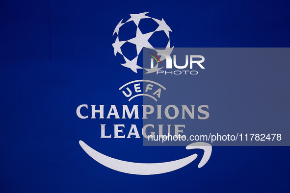 The logos of the UEFA Champions League and Amazon Prime are seen before the UEFA Champions League 2024/25 League Phase MD4 match between FC...