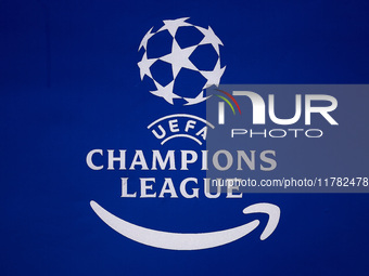 The logos of the UEFA Champions League and Amazon Prime are seen before the UEFA Champions League 2024/25 League Phase MD4 match between FC...