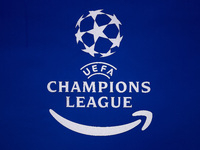 The logos of the UEFA Champions League and Amazon Prime are seen before the UEFA Champions League 2024/25 League Phase MD4 match between FC...