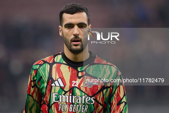 Mikel Merino of Arsenal warms up before the UEFA Champions League 2024/25 League Phase MD4 match between FC Internazionale Milano and Arsena...